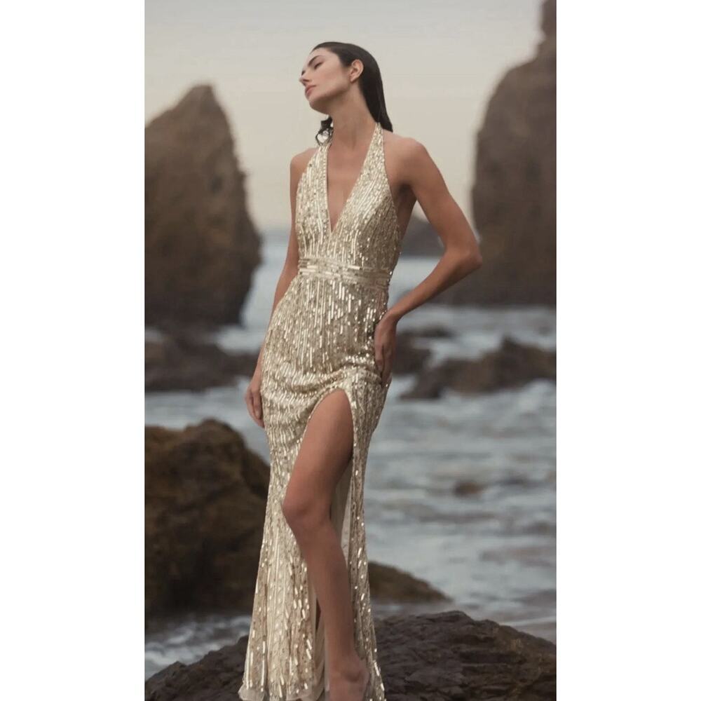 Mac Duggal 5759 Gold Sequined Halter Strap Trumpet Gown Size 16 $498 - Picture 5 of 11